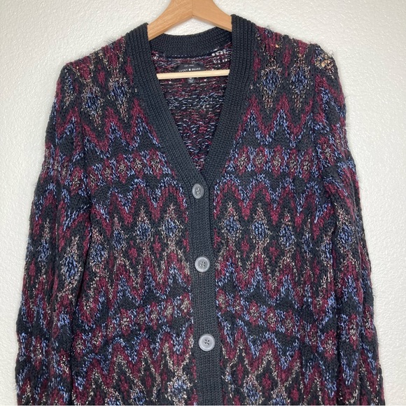 Lucky Brand Button Up Chunky Knit Cardigan Sweater M Fair Isle Black Metallic - Picture 6 of 16